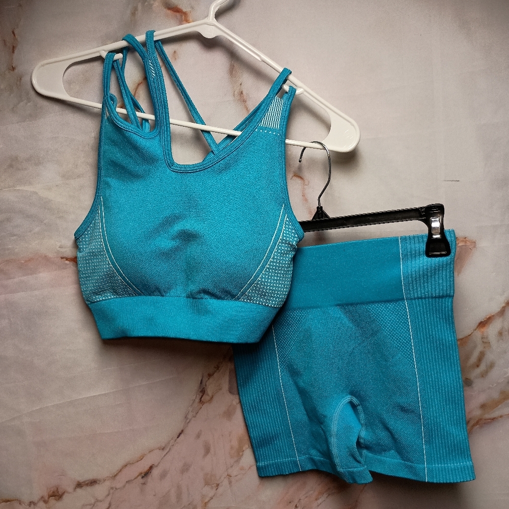 2pc Blue Activewear Spandex Shorts & Strappy Tank‎ Set